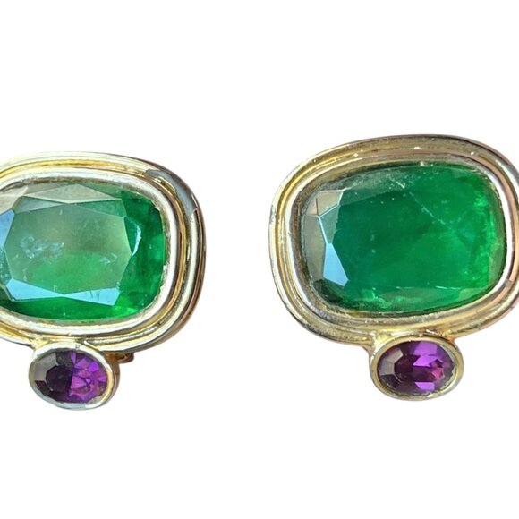 Green and Purple Glass Cab and Emerald Cut Clip-On Earrings Gold Tone 1990s - Picture 2 of 5